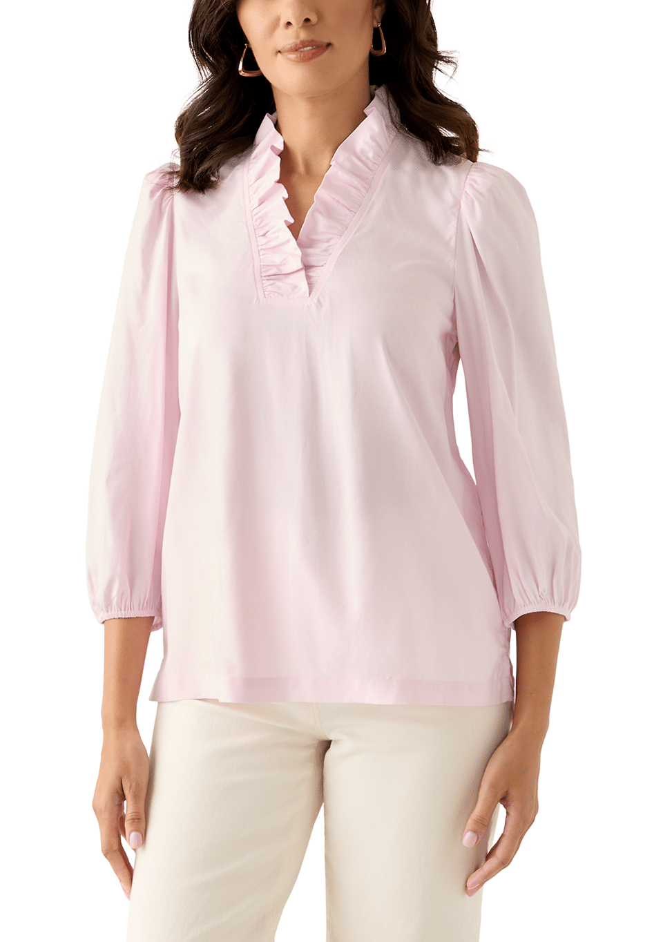 pink crown and ivy top with ruffle neck