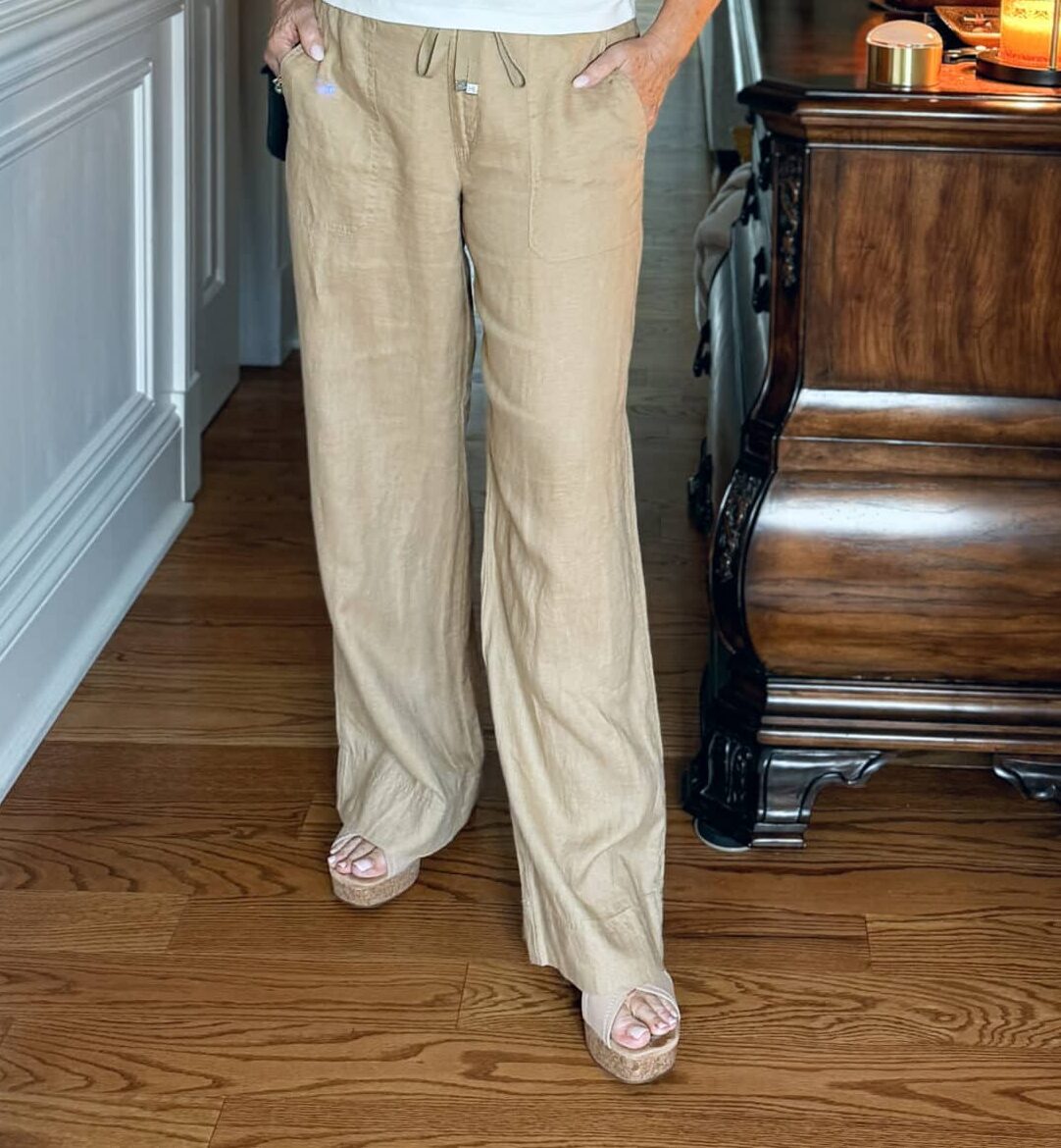 woman wearing linen pants from Macy's