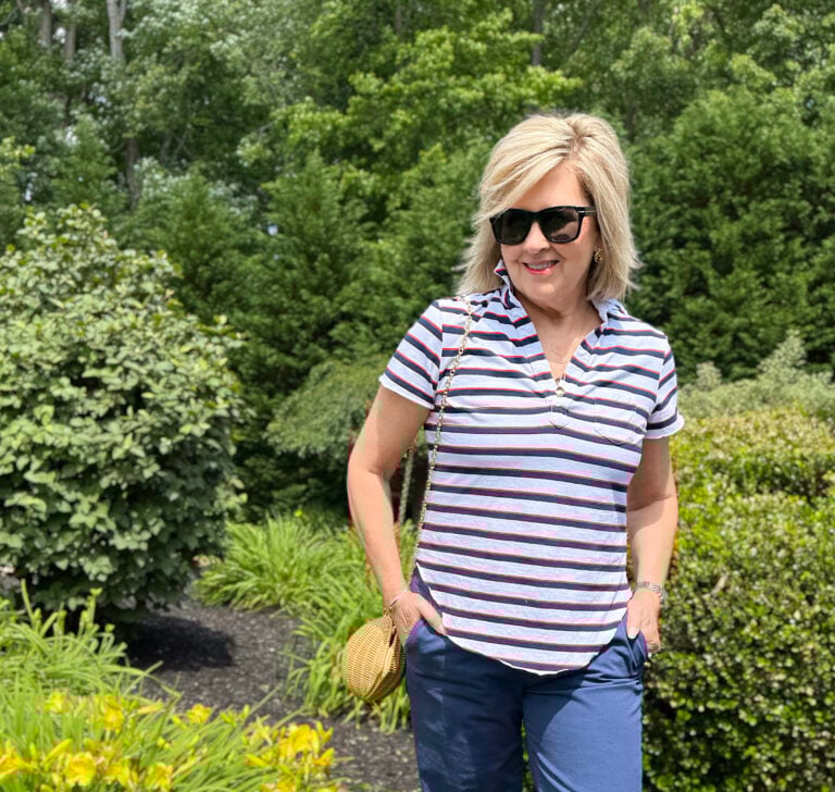Tania Stephens wearing a red, white, & blue striped shirt