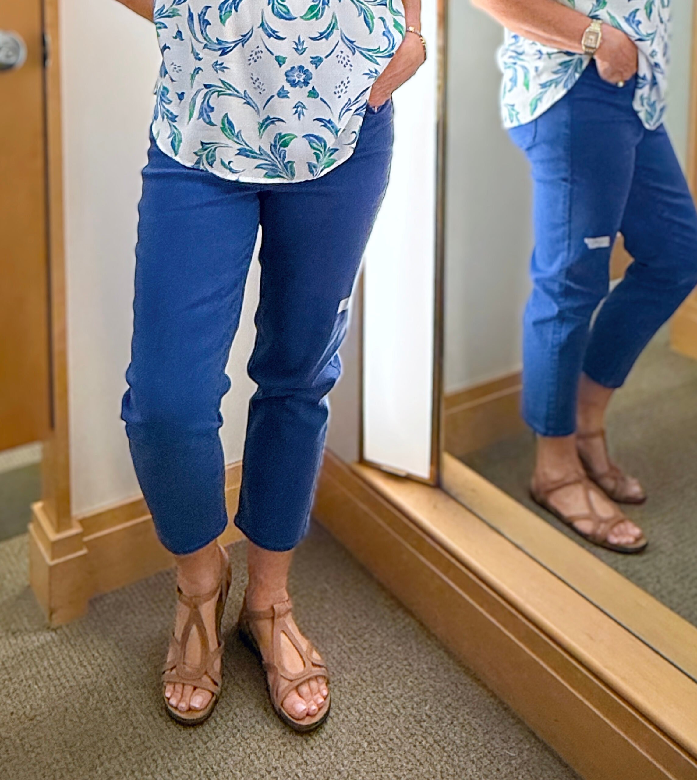 Talbots try on in June, blue pants and walking sandals