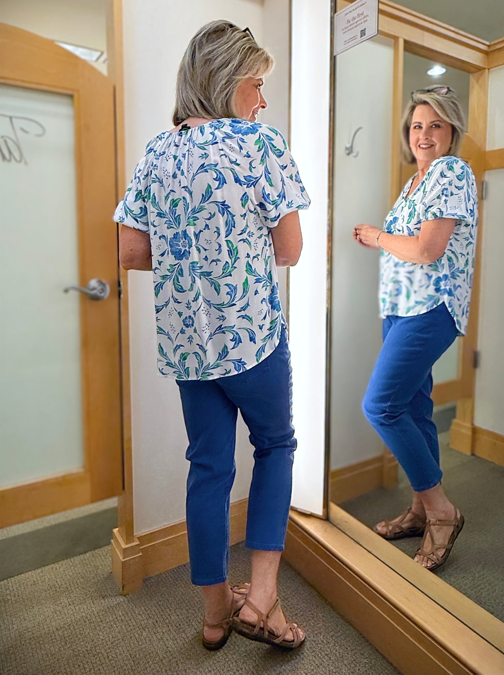 Talbots try on in June, back of a blue and white outfit