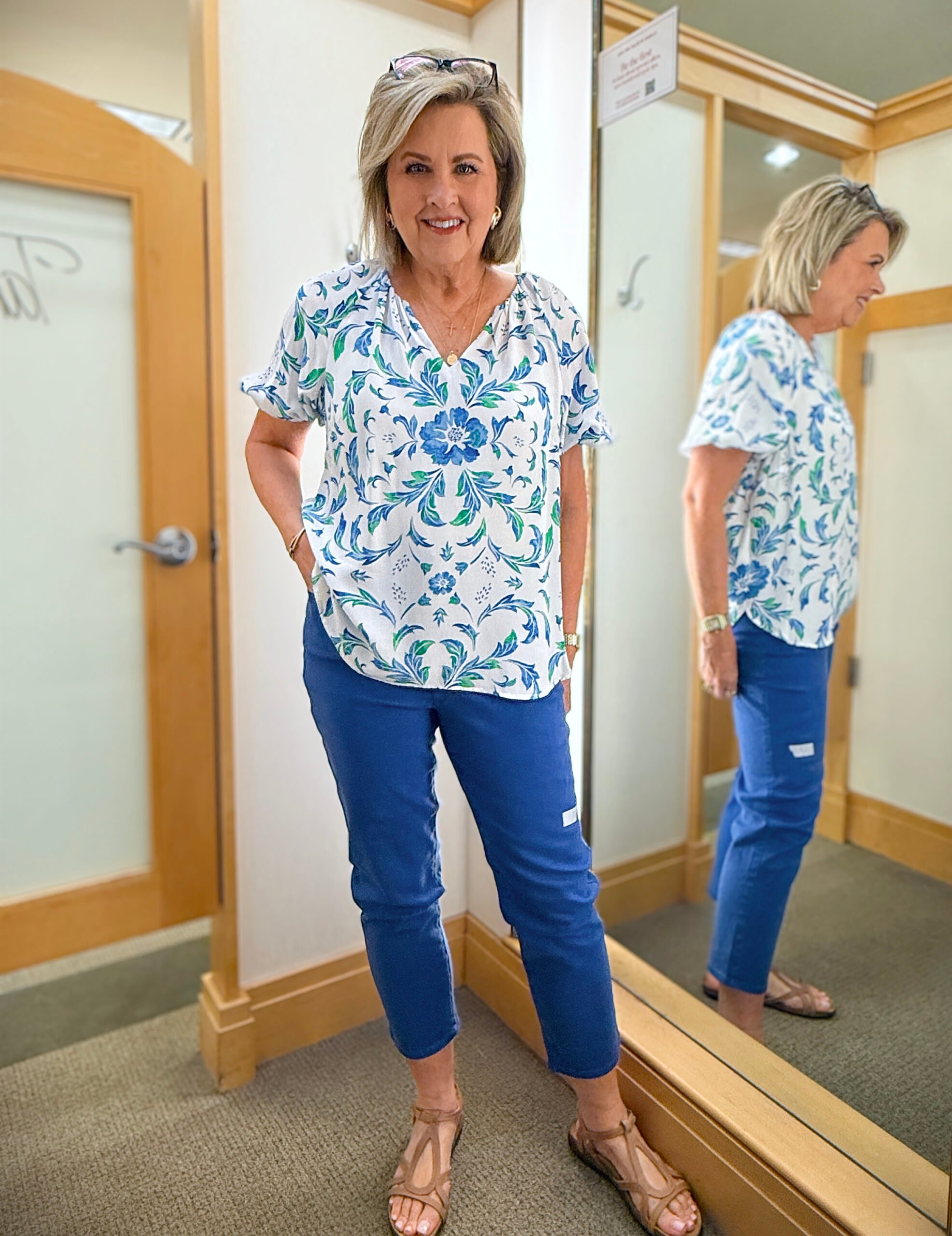 Talbots try on in June, blue and white outfit
