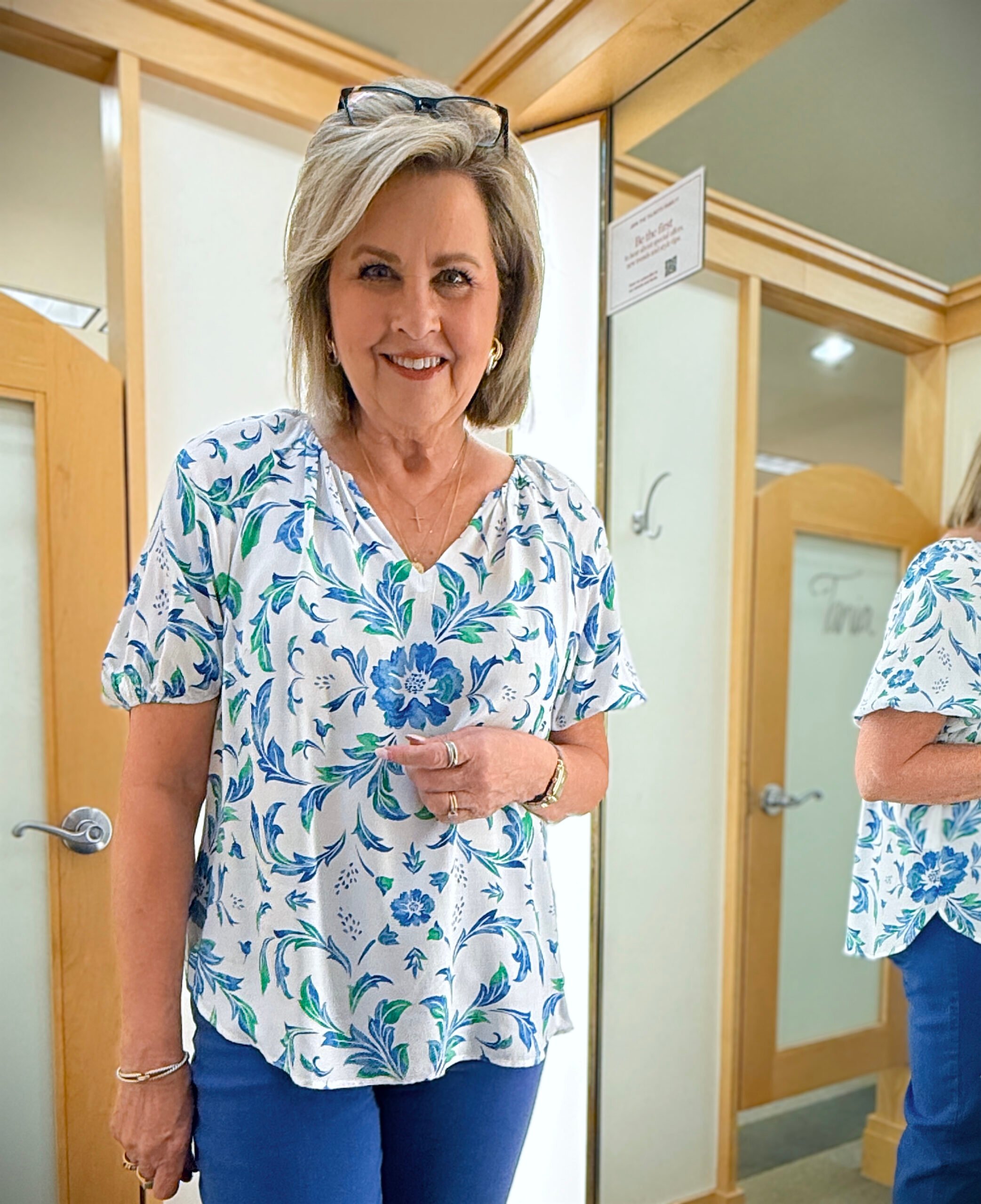 Talbots try on in June, blue and white shirt