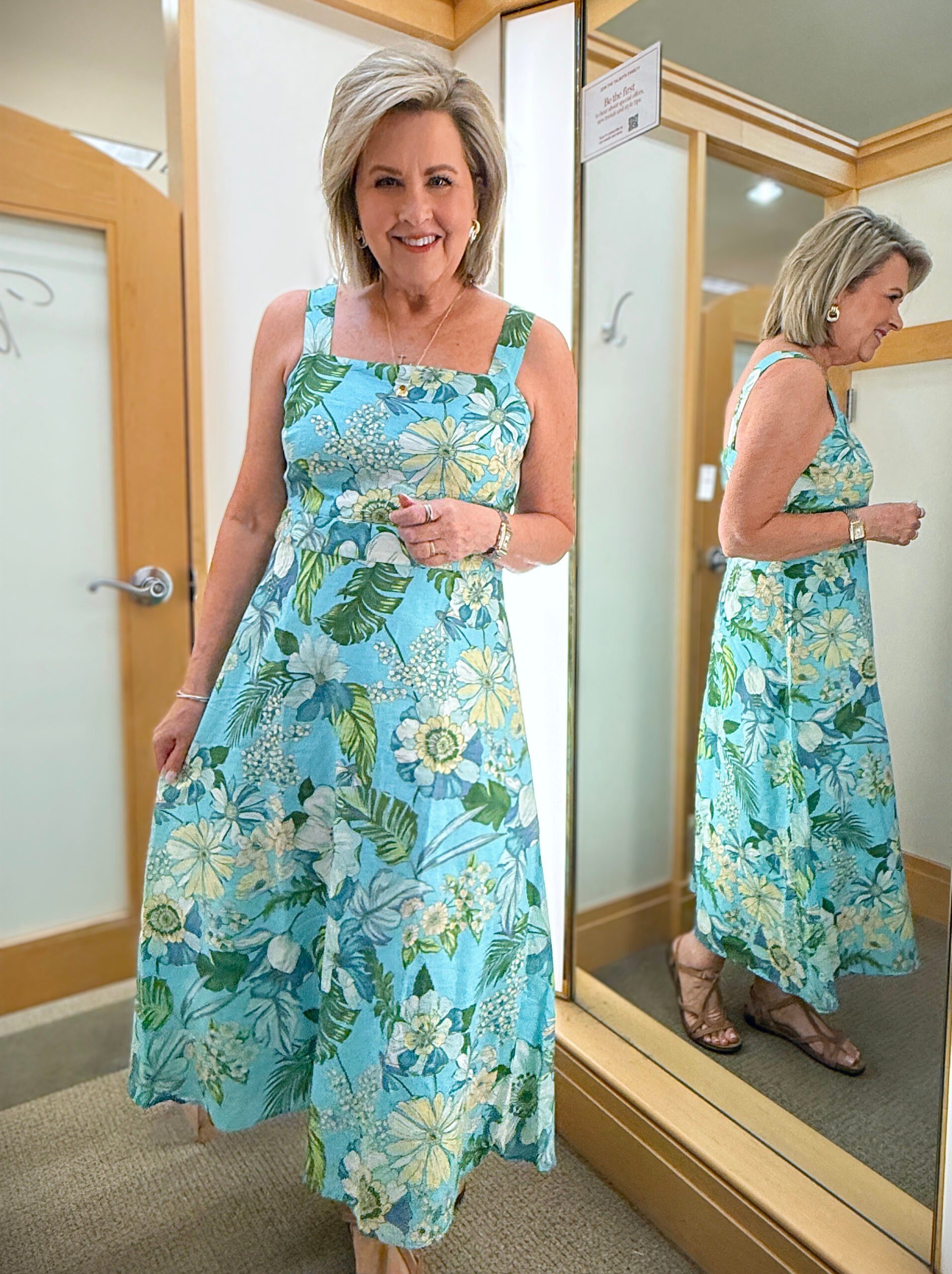 Talbots try on in June, blue floral sundress