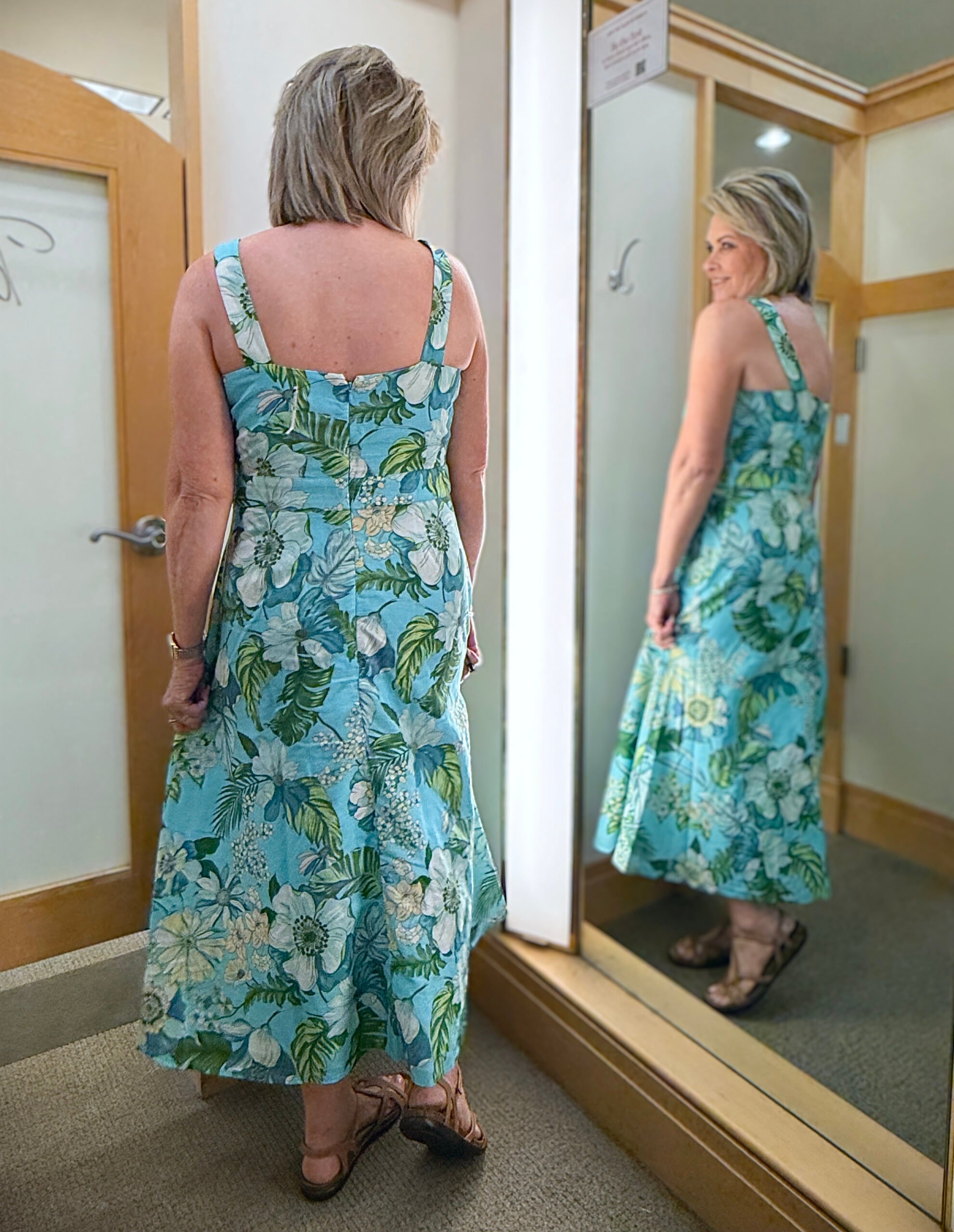 Talbots try on in June, back of a blue floral sundress