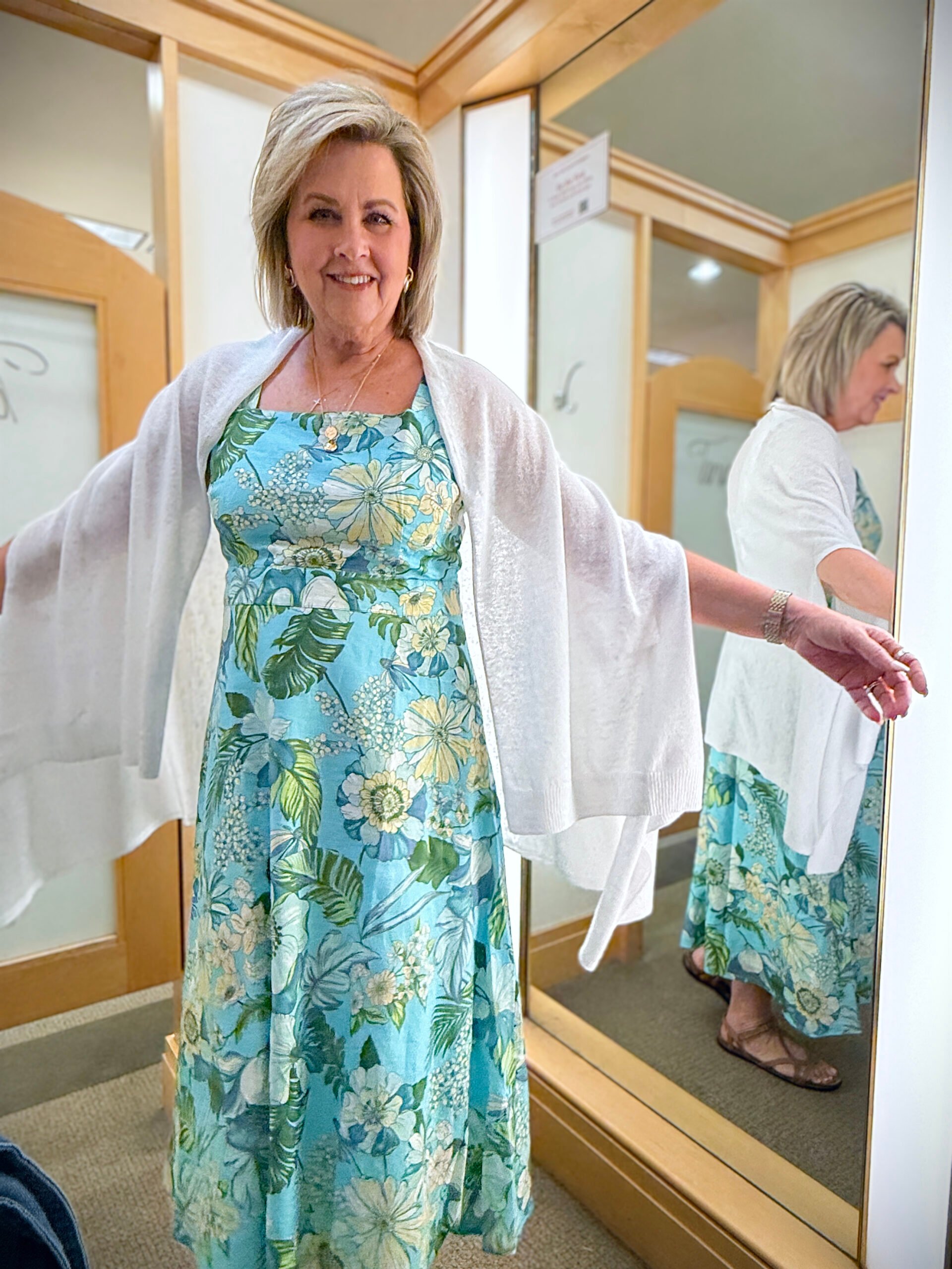 Talbots try on in June, blue floral sundress with thin white wrap