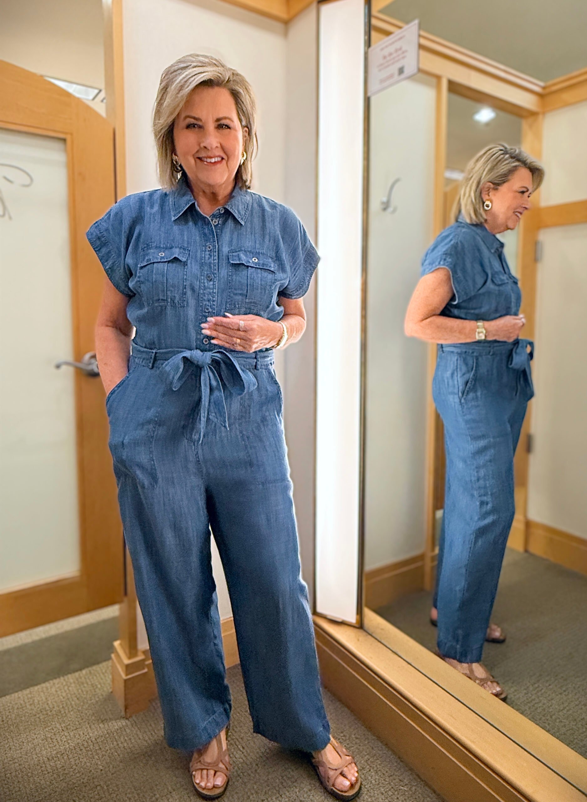 Talbots try on in June, denim jumpsuit