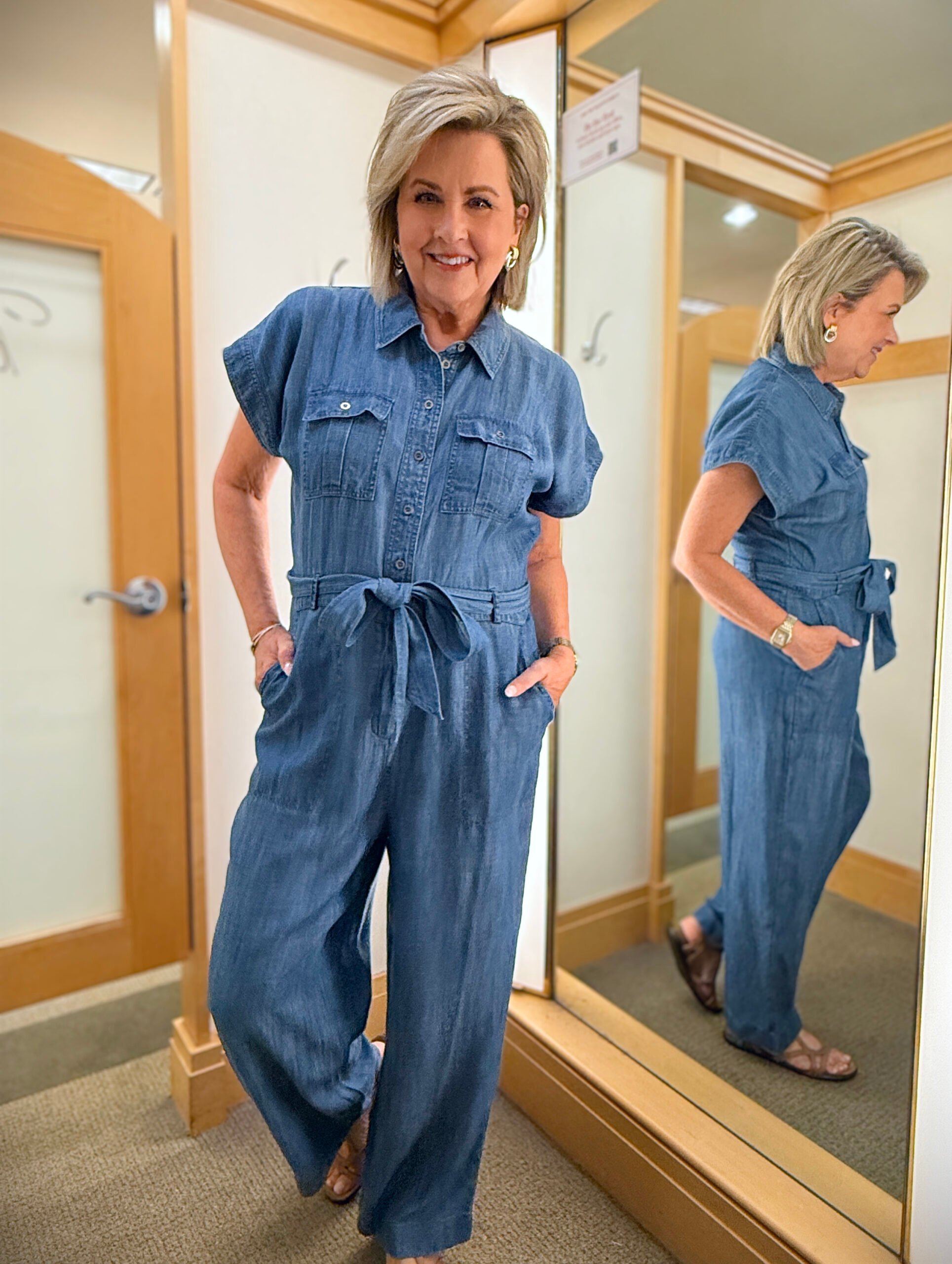 Talbots try on in June, denim jumpsuit with a belt