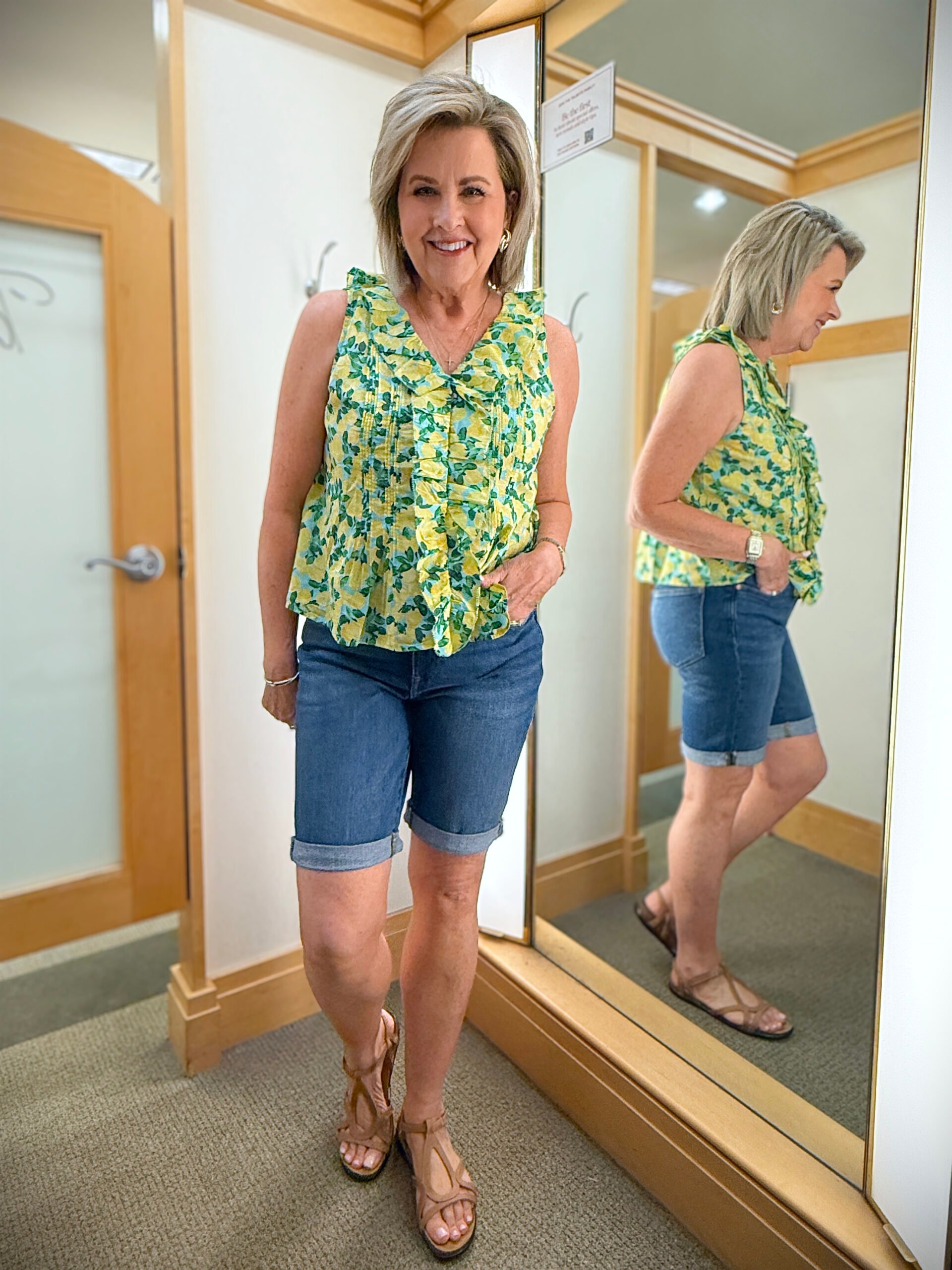 Talbots try on in June, yellow and green ruffled shirt and denim shorts