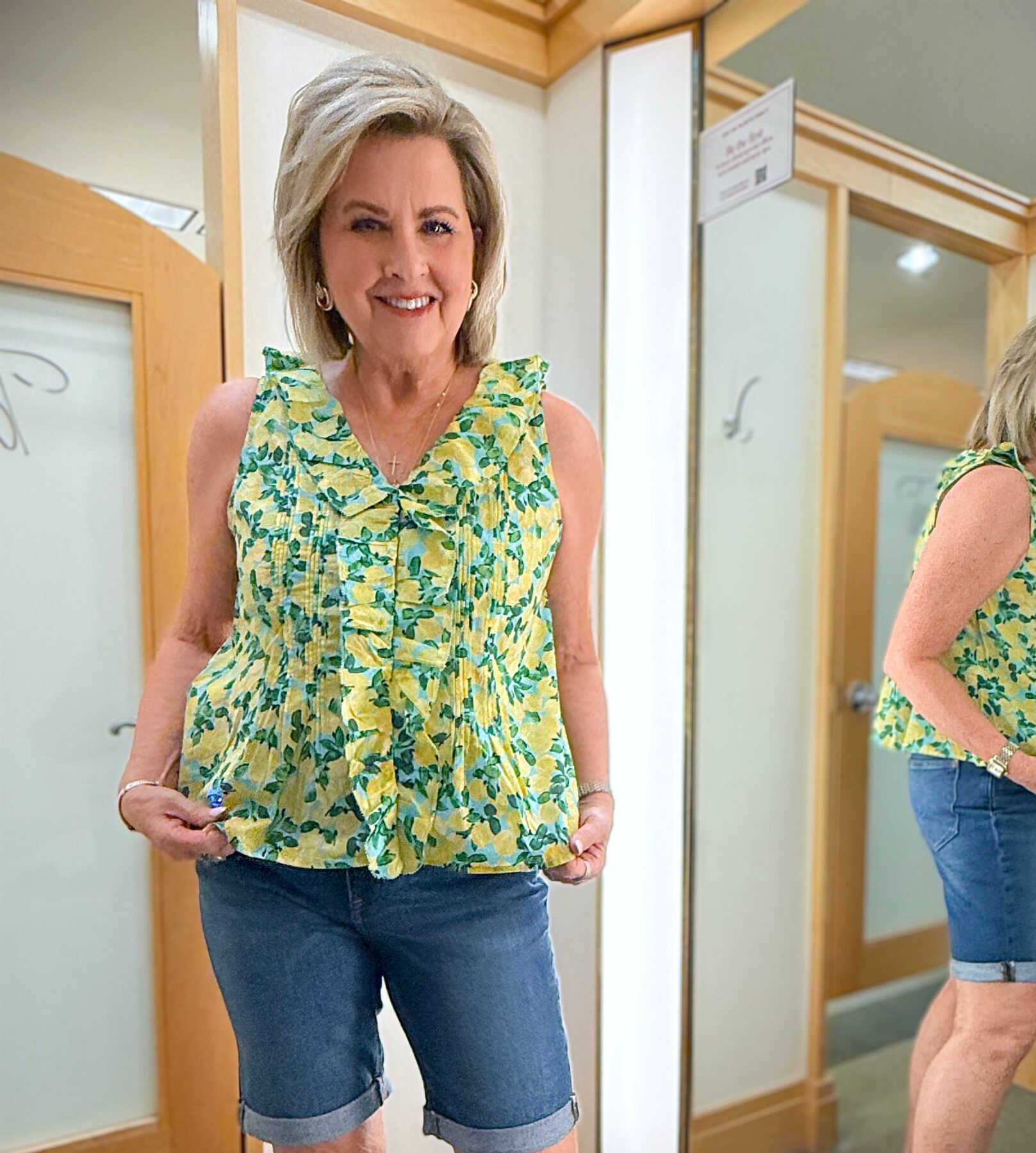 Talbots try on in June, yellow ruffled shirt and denim shorts