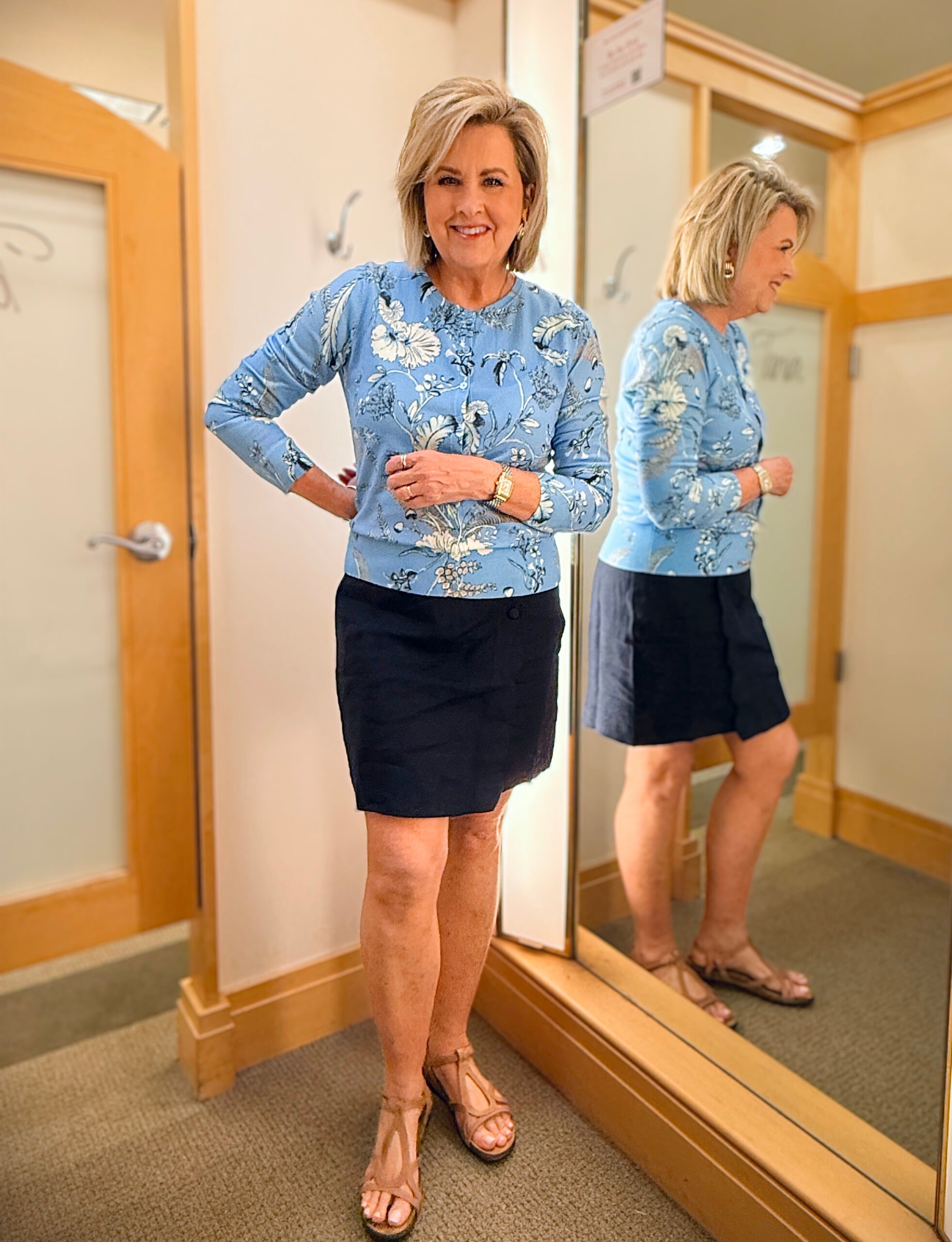 Talbots try on in June, blue cardigan and navy scalloped skirt