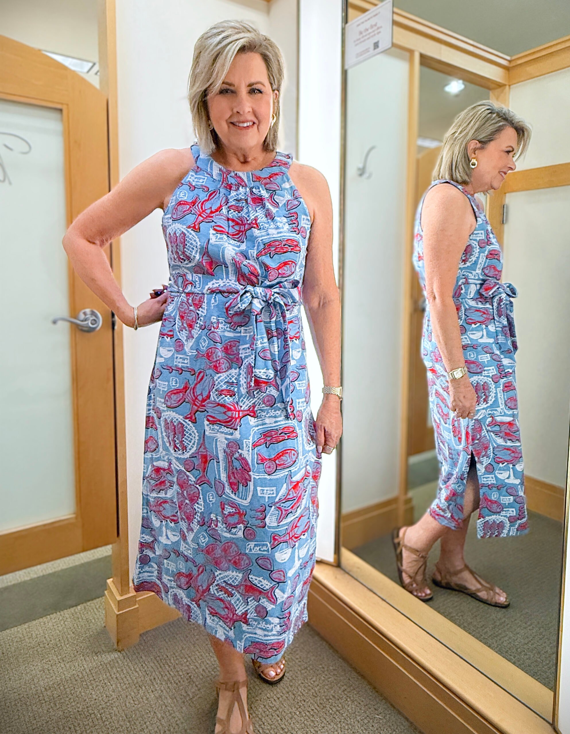 Talbots try on in June, lobster print sundress