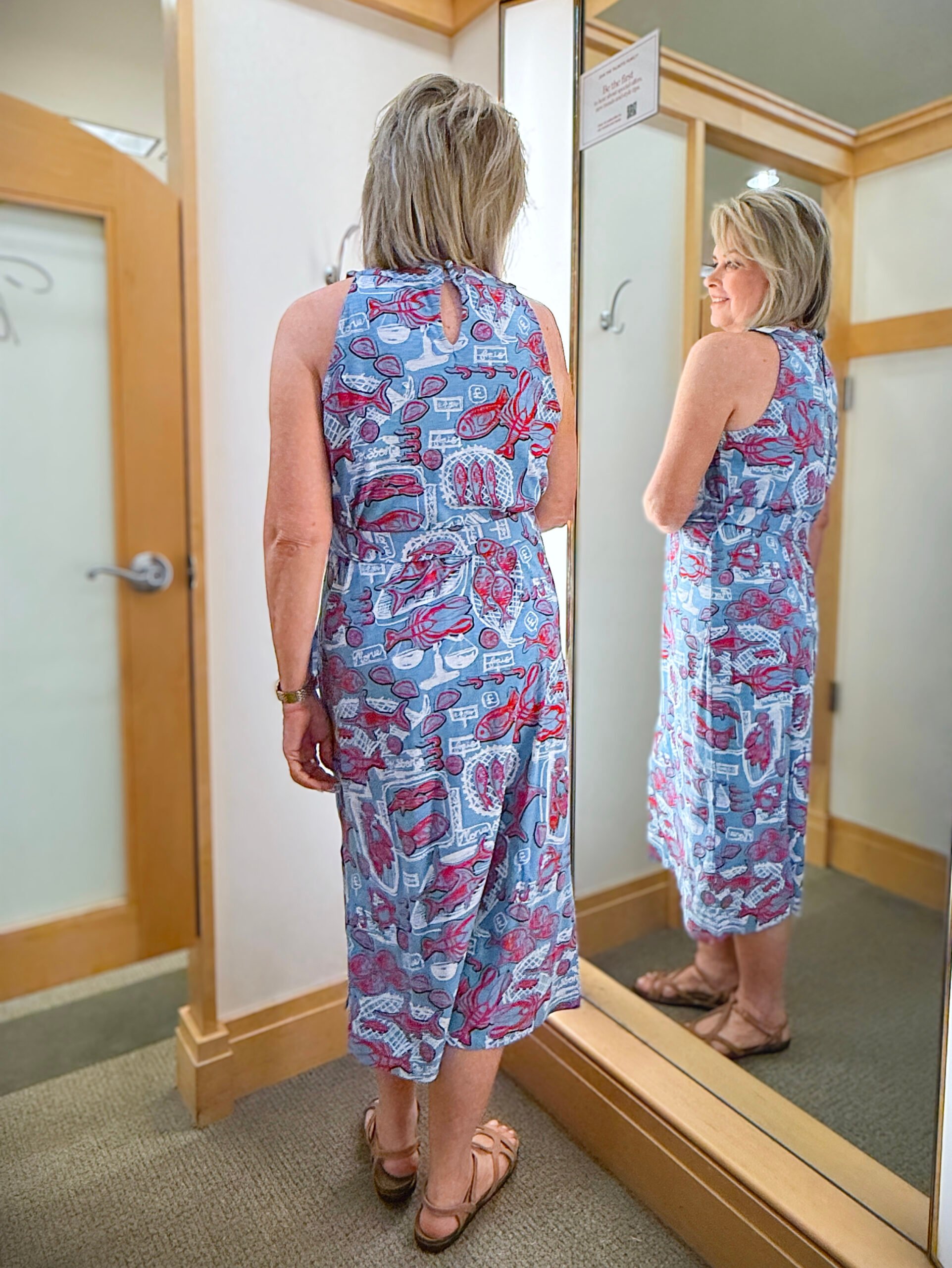 Talbots try on in June, back of a lobster print sundress