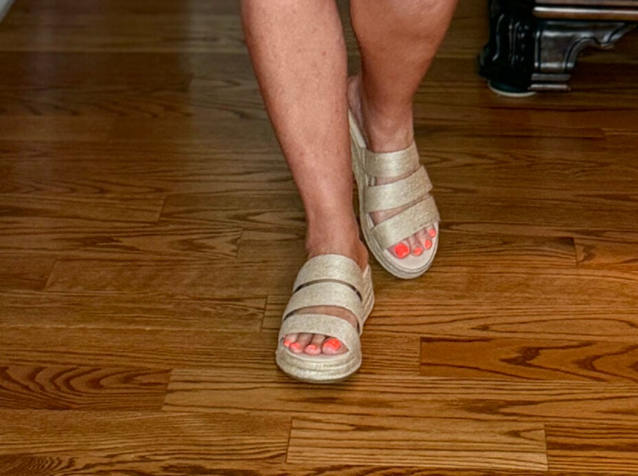 woman with bright coral toenails wearing espadrille 3 strap platform sandals from Eileen Fisher