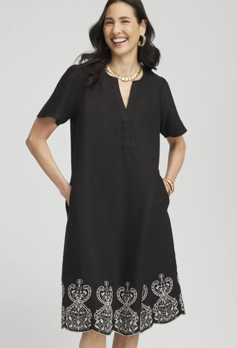 Chico's Embroidered Linen Flutter-Sleeve Dress, Cute Beautiful Summer Dresses for Work Office Funeral Wedding