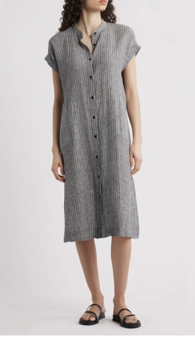 Eileen Fisher Pinstripe Short Sleeve Organic Linen Shift Dress