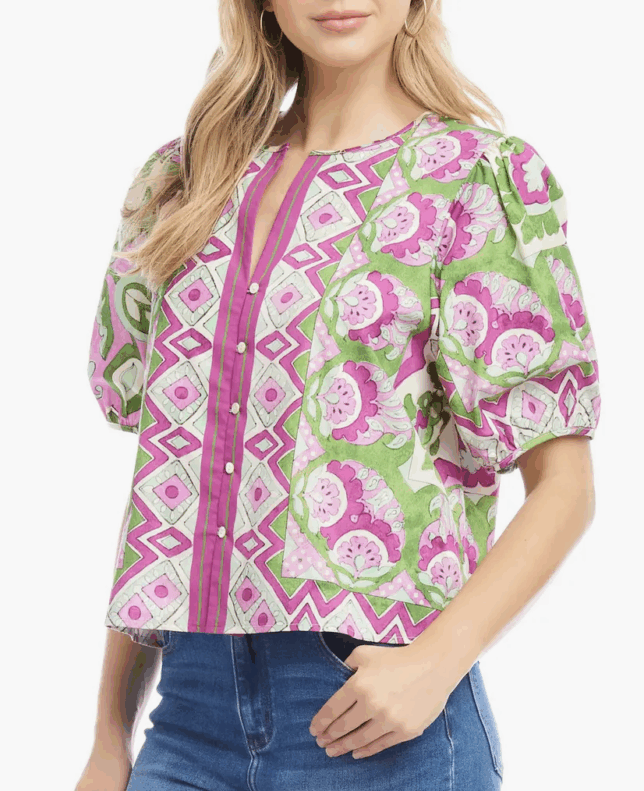 Karen Kane Printed Puff Sleeve Cotton Button-Up Top IN THE COLOR ORCHID