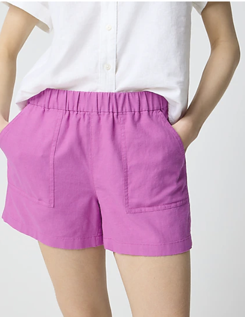 J.Crew Factory Linen-blend pull-on short IN A PURPLE PINK COLOR ORCHID FOR SUMMER FOR WOMEN OVER 50