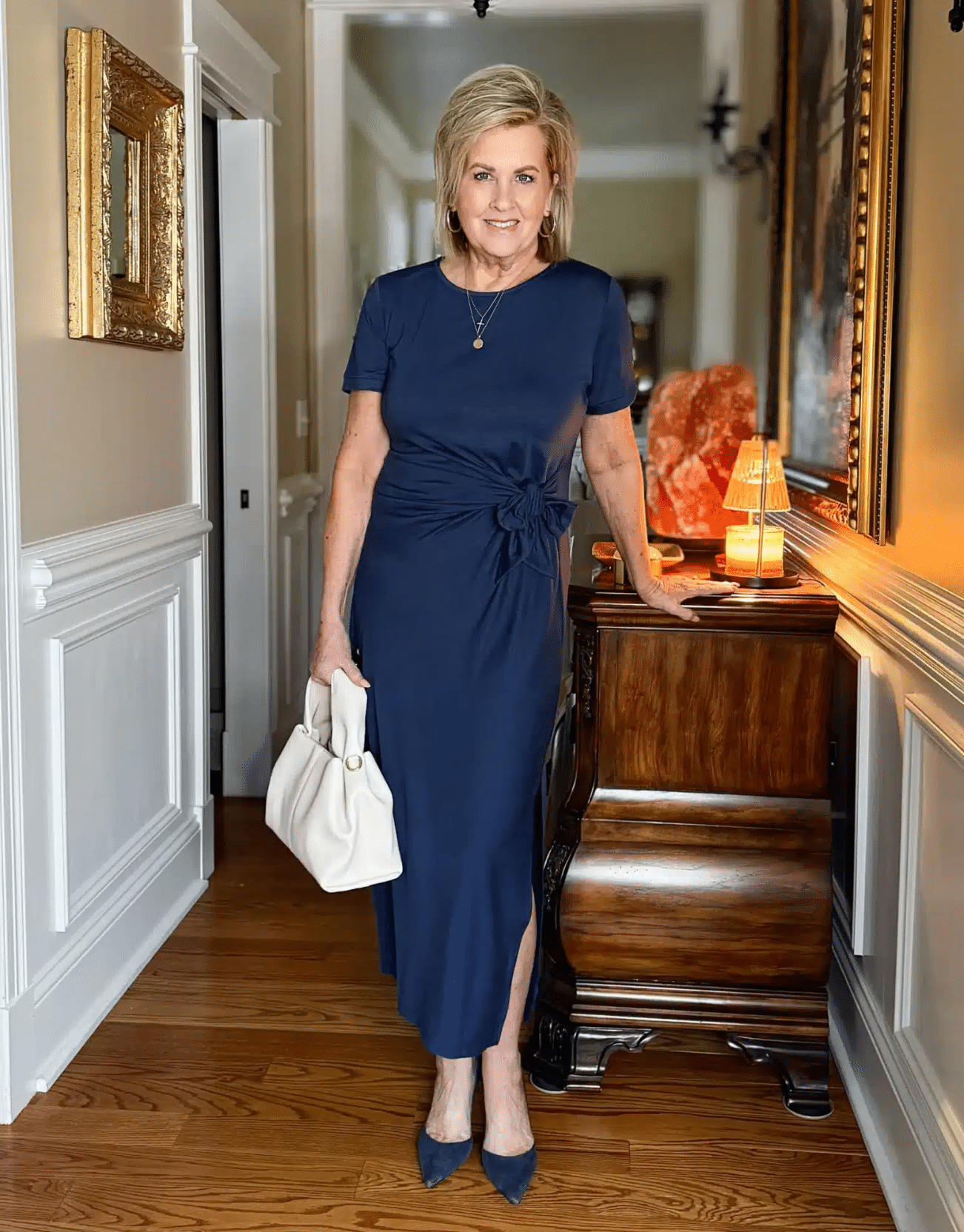 Tania Stephens wearing a navy Short Sleeve Crewneck Tie Waist Dress from Amazon