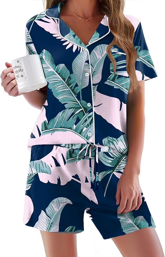 Short Sleeve Button Down Shirt and Shorts Pajama Set