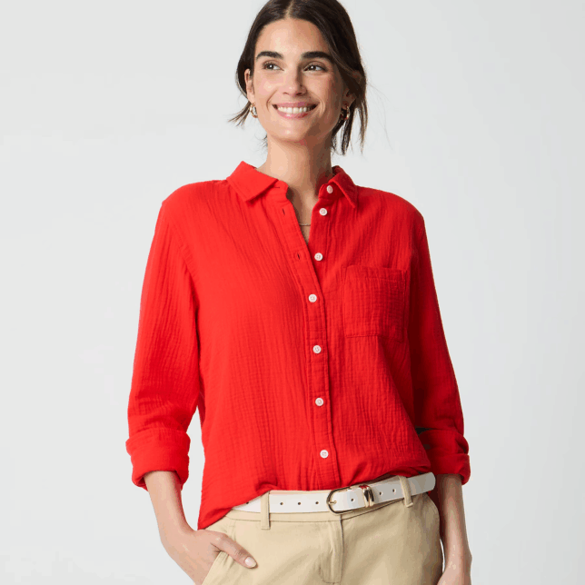 Lightweight Button-Downs That Won’t Make You Sweat tania stephens 50 is not old fashion blogger quince red