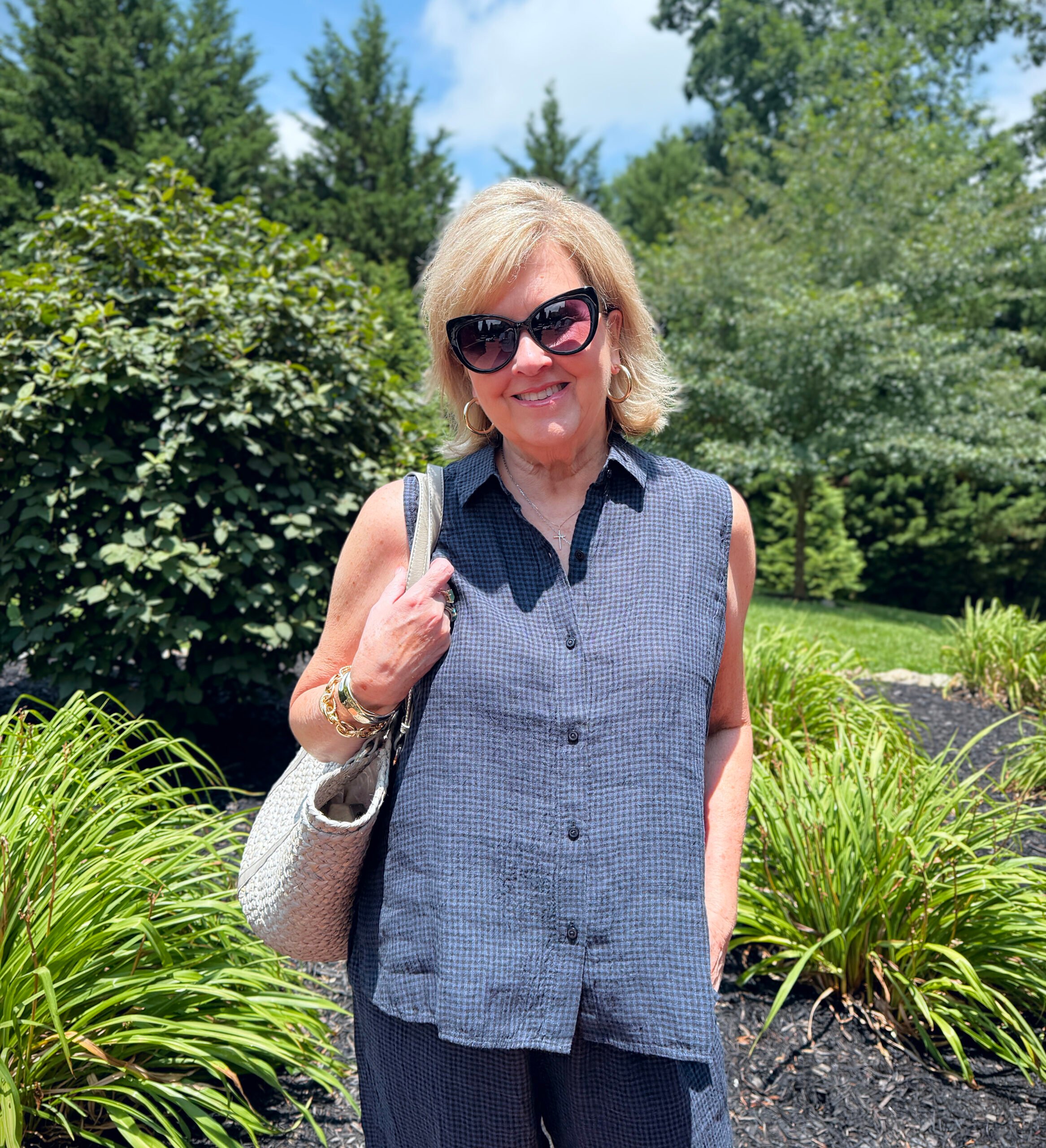 Tania wearing an Eileen Fisher navy checked button shirt from Nordstrom Rack