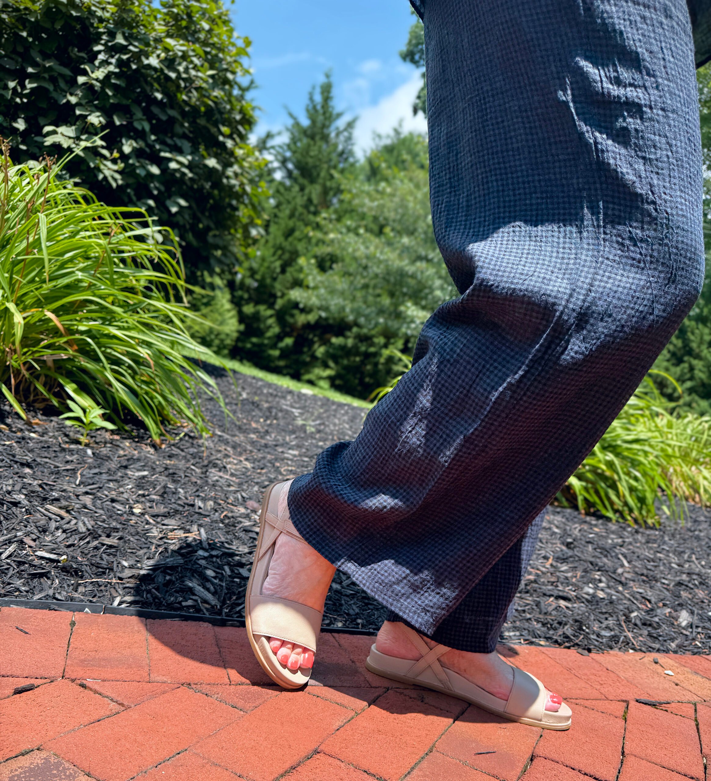 Tania wearing an Eileen Fisher navy checked pants from Nordstrom Rack