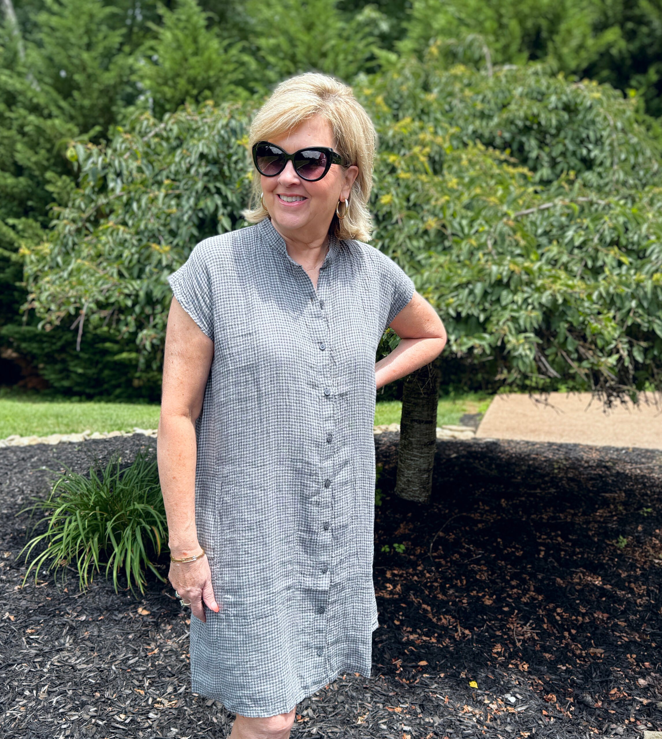Tania wearing an Eileen Fisher buttoned gray checked shirt dress from Nordstrom Rack