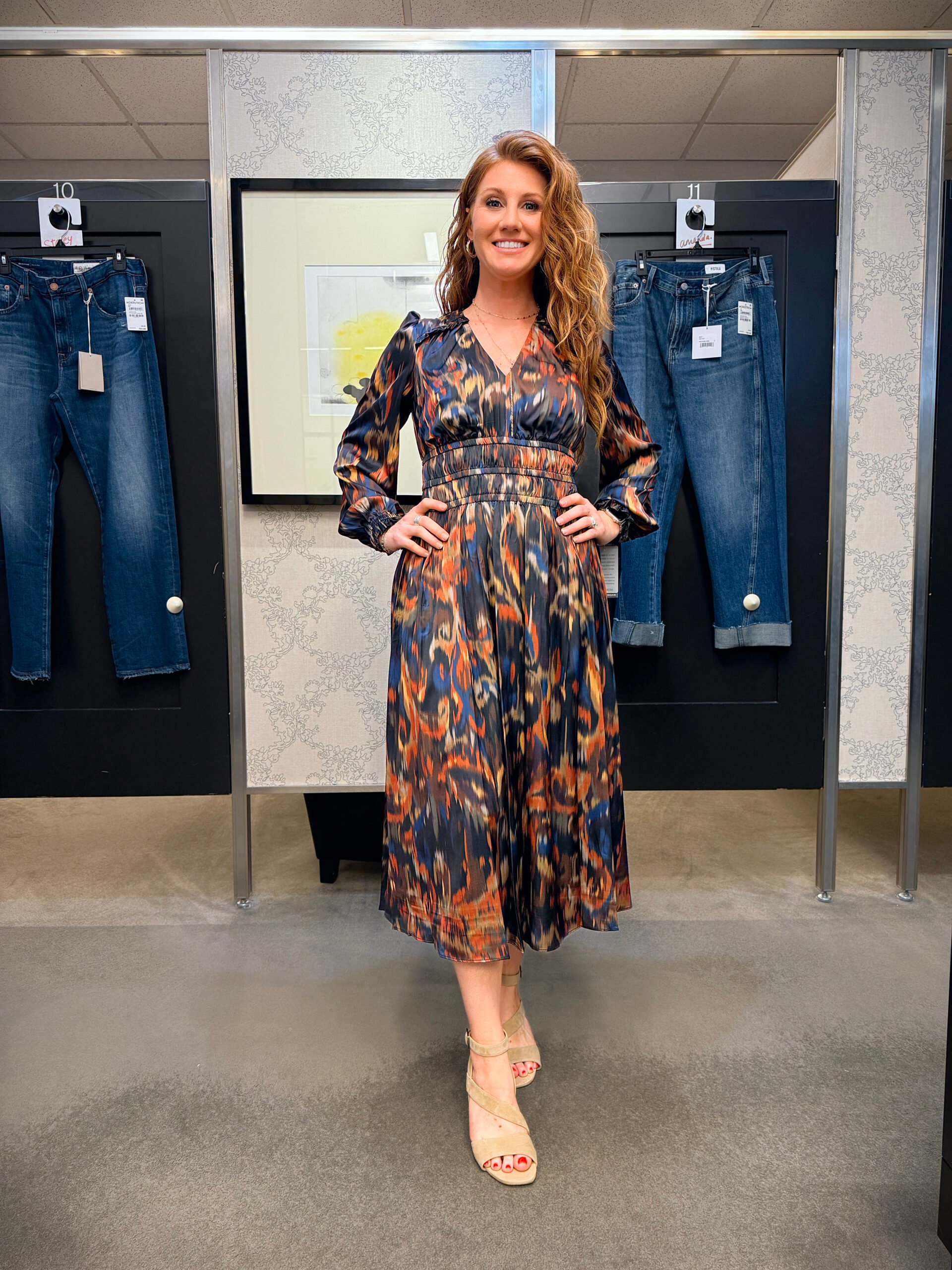 Stephanie wearing a floral midi dress from Nordstrom
