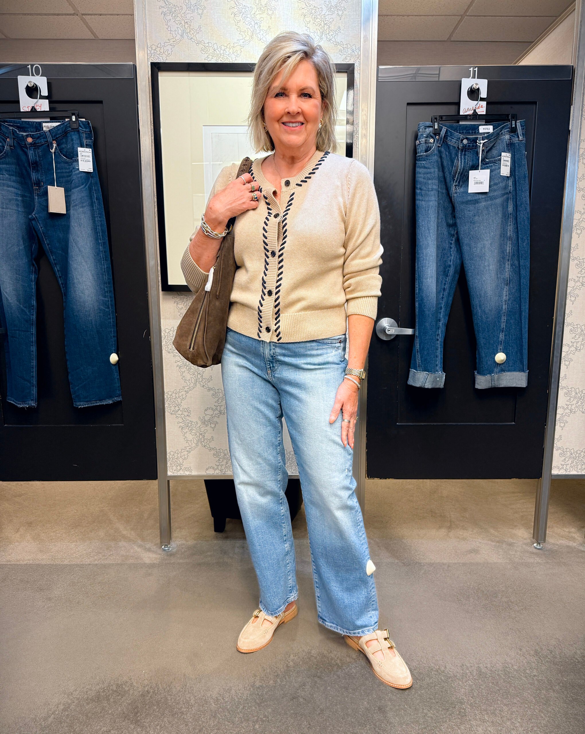 Tania wearing a sweater and jeans from the Nordstrom Anniversary Sale