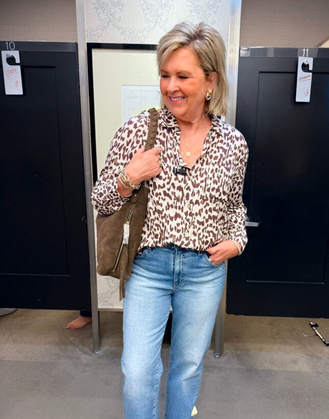Tania wearing a printed top, and jeans from the Nordstrom Anniversary Sale
