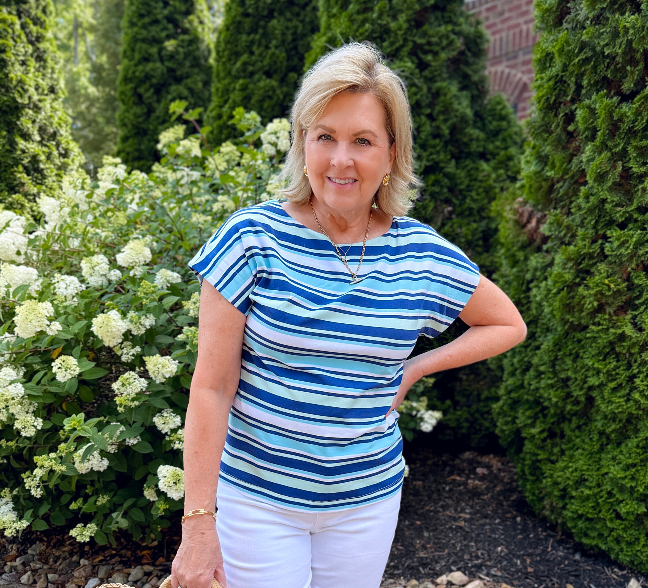 Tania wearing a striped summer tee