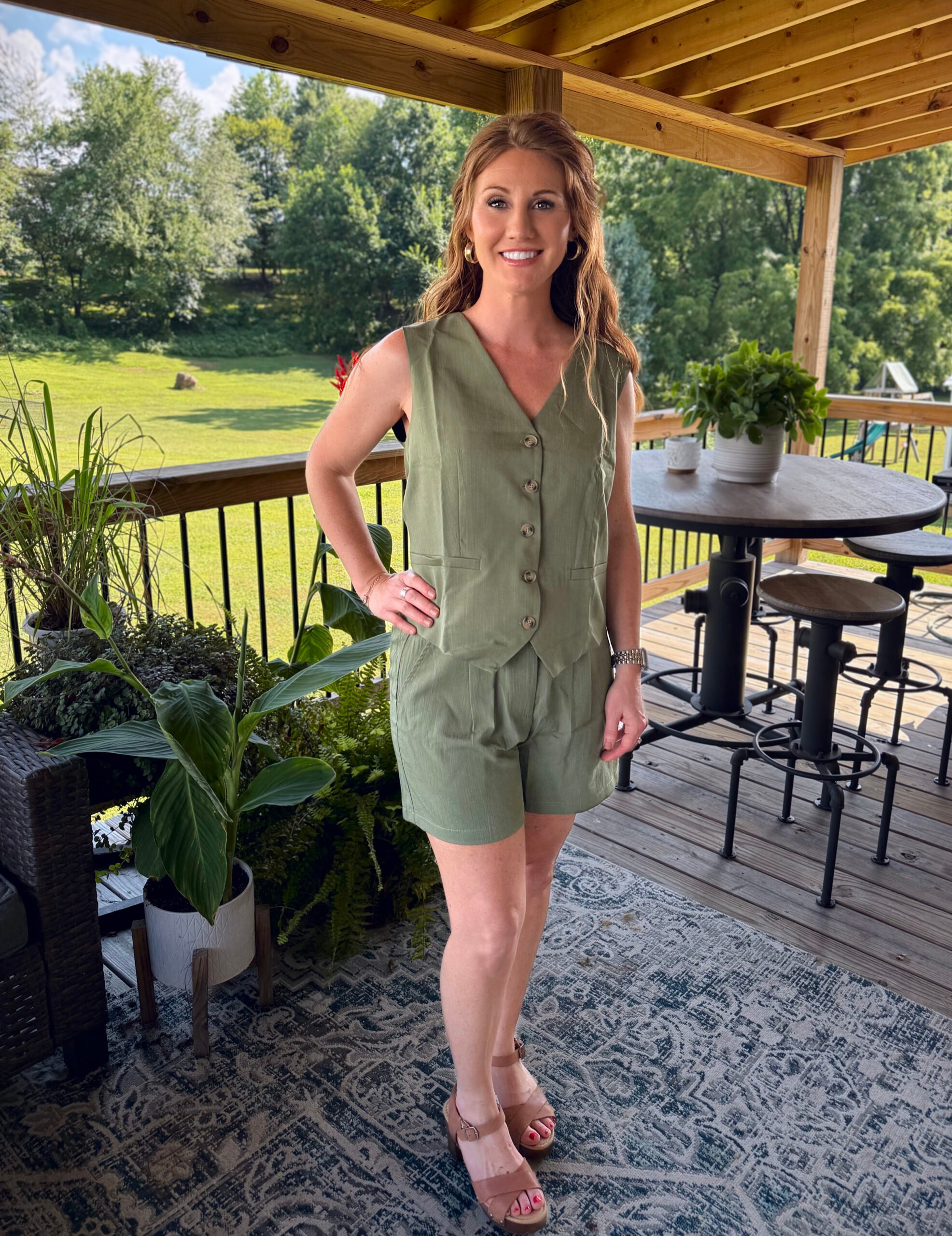 Stephanie, a petite 5'3" tall, wearing a olive green short set from Amazon