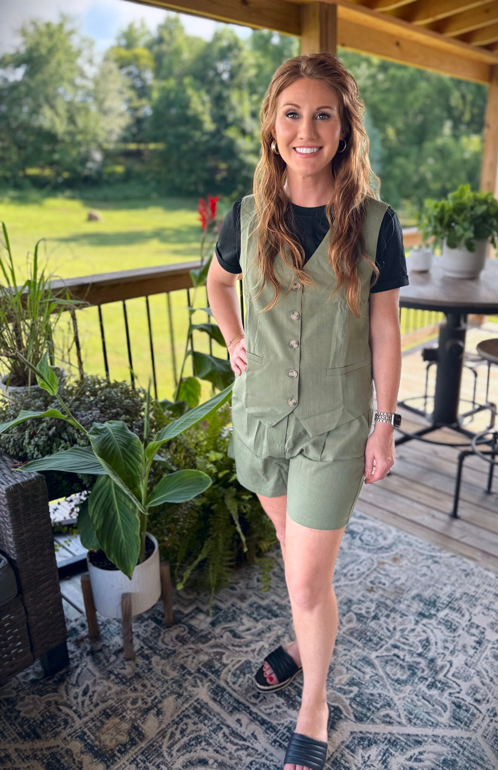 Stephanie, a petite 5'3" tall, wearing a olive green short set from Amazon with a black tee