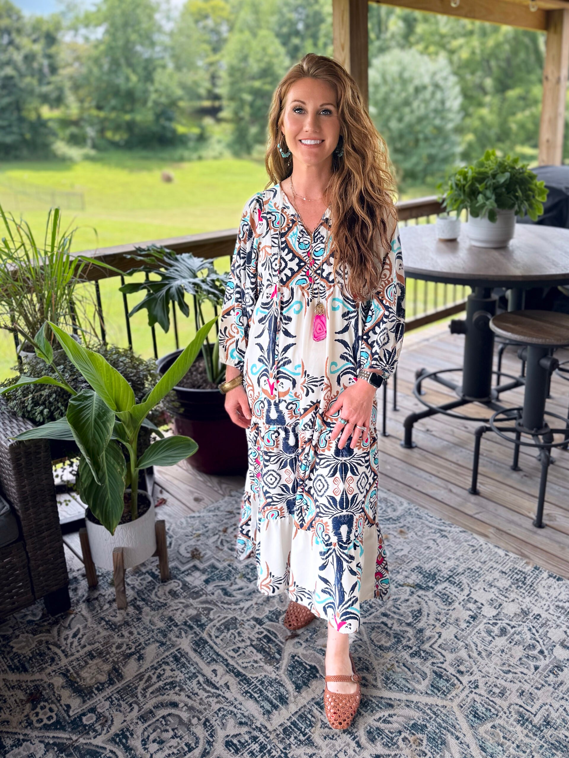 Stephanie, a petite 5'3" tall, wearing a boho dress from Amazon
