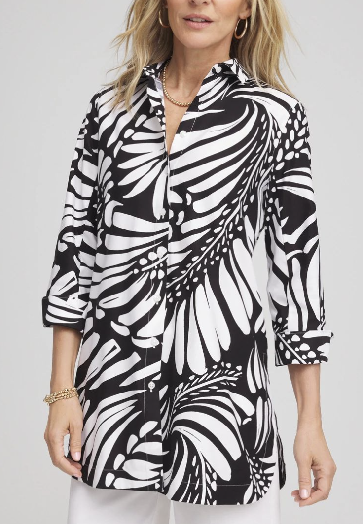 Chico's No Iron™ Printed Palms Button Down Tunic Black and White Shirt Summer 2025