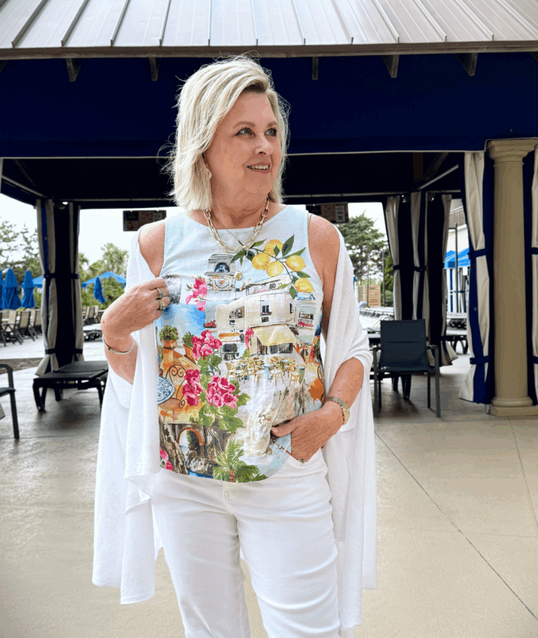 Tania wearing a coastal scene linen shell