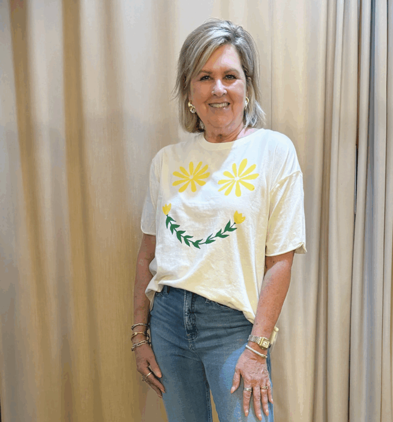 Tania wearing a floral smiley face tee from the Nordstrom Anniversary Sale