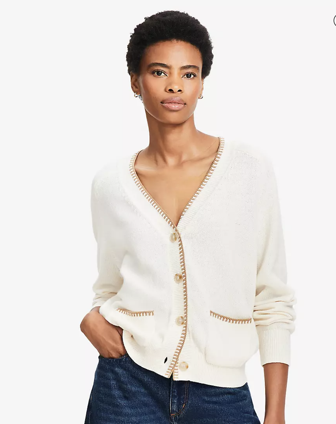 100% cotton cardigan with whipstitch trim