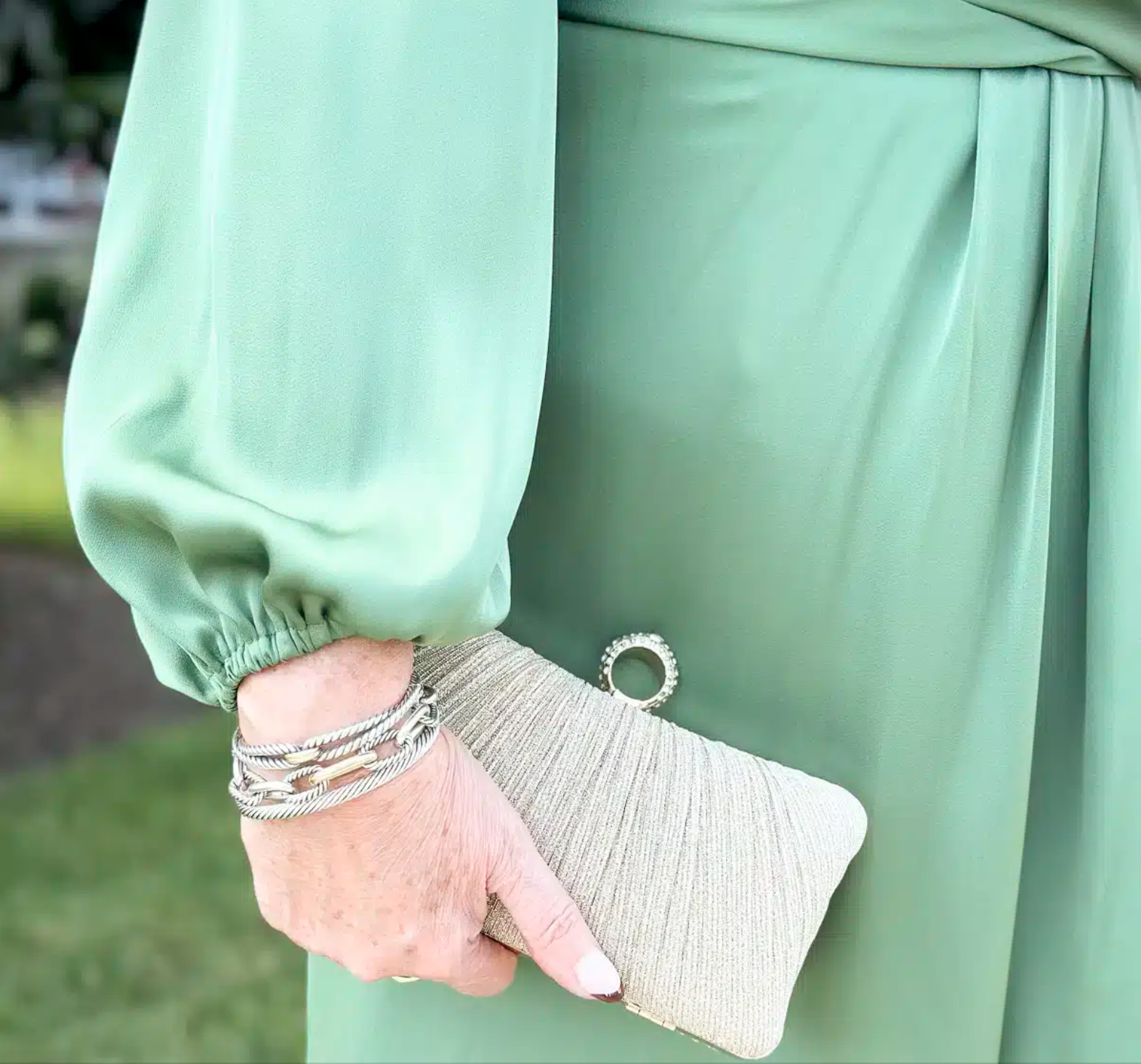 Green Satin Maxi Dress with a Pleated Evening Bag