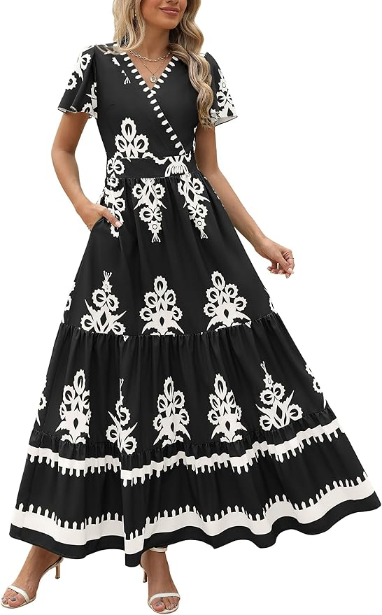 Tiered Black and White Floral Maxi Dress