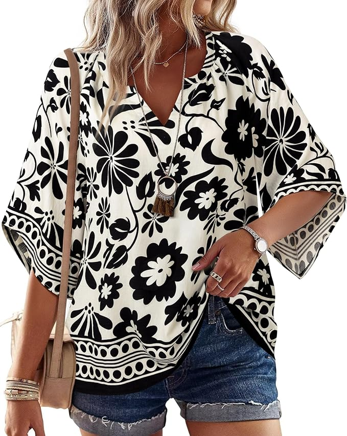 Black and White Floral Flowy Blouse