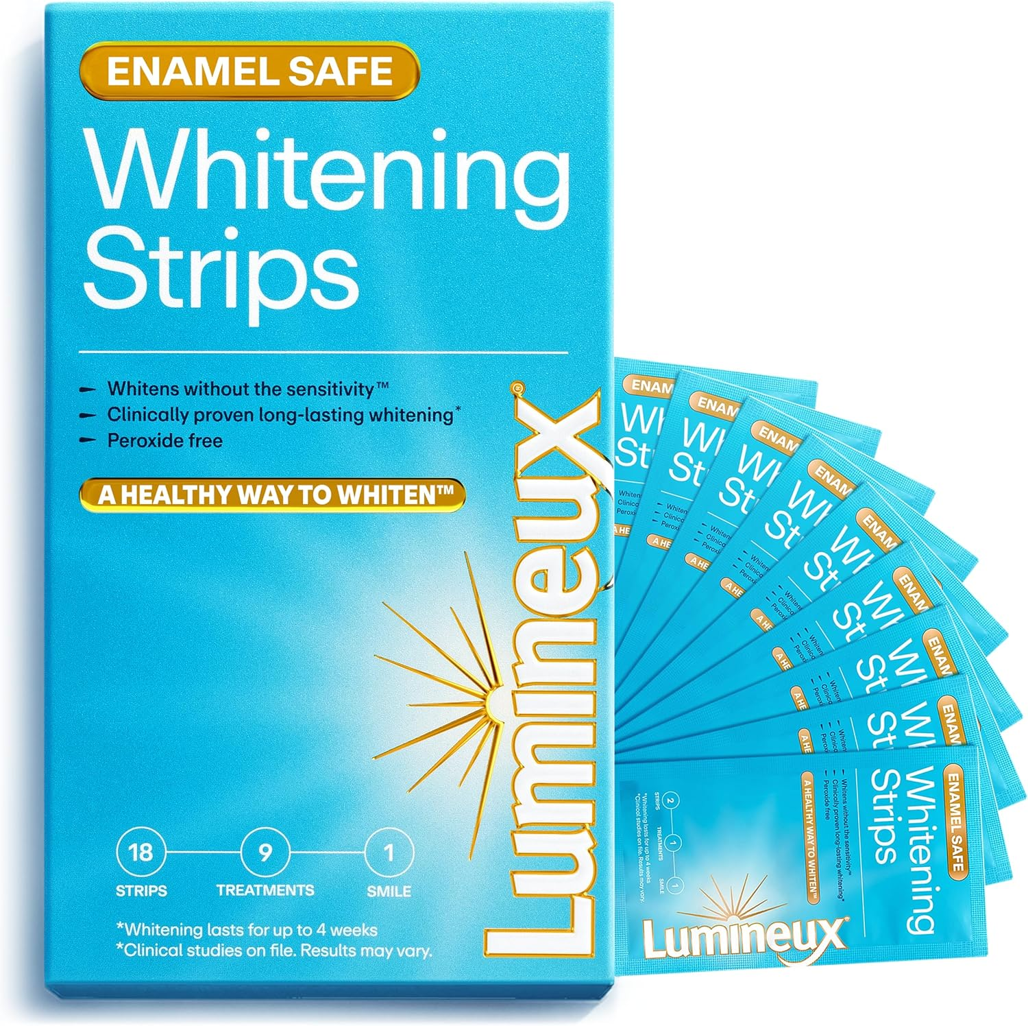 Lumineux Whitening Strips package, showing peroxide-free branding