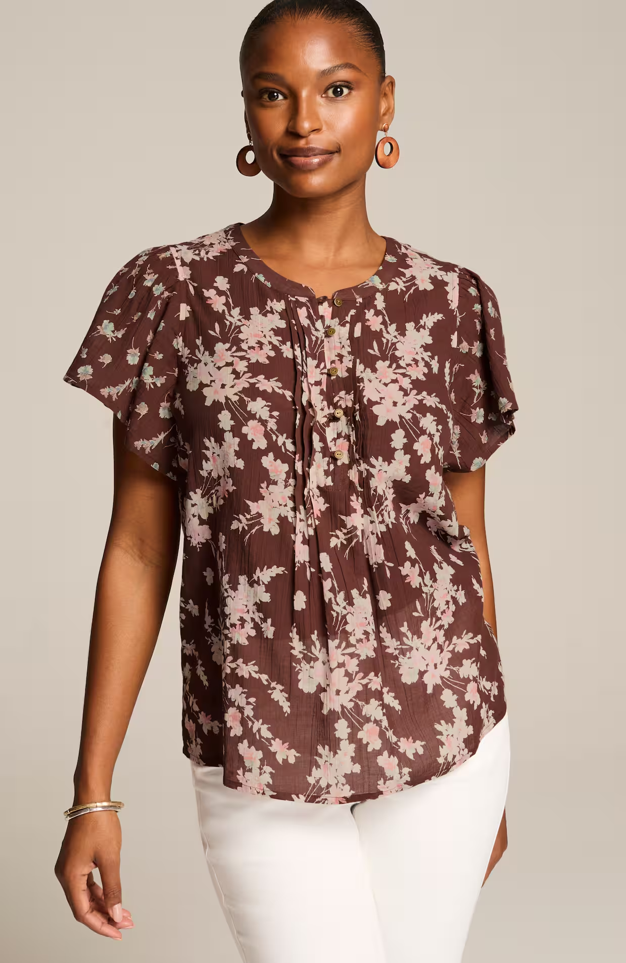 Printed voile top with pintucks and soft fall colors