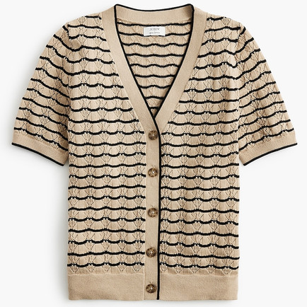 Lightweight pointelle knit cardigan worn as top or layer for late summer