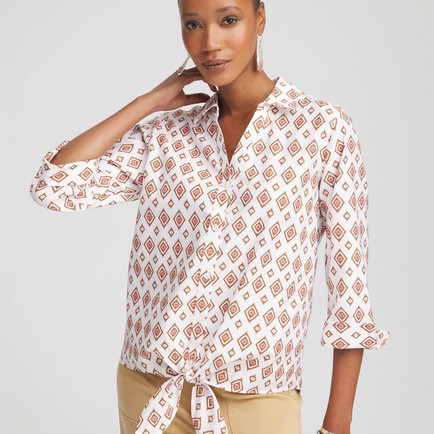 Wrinkle-free geo print shirt styled for fall transition