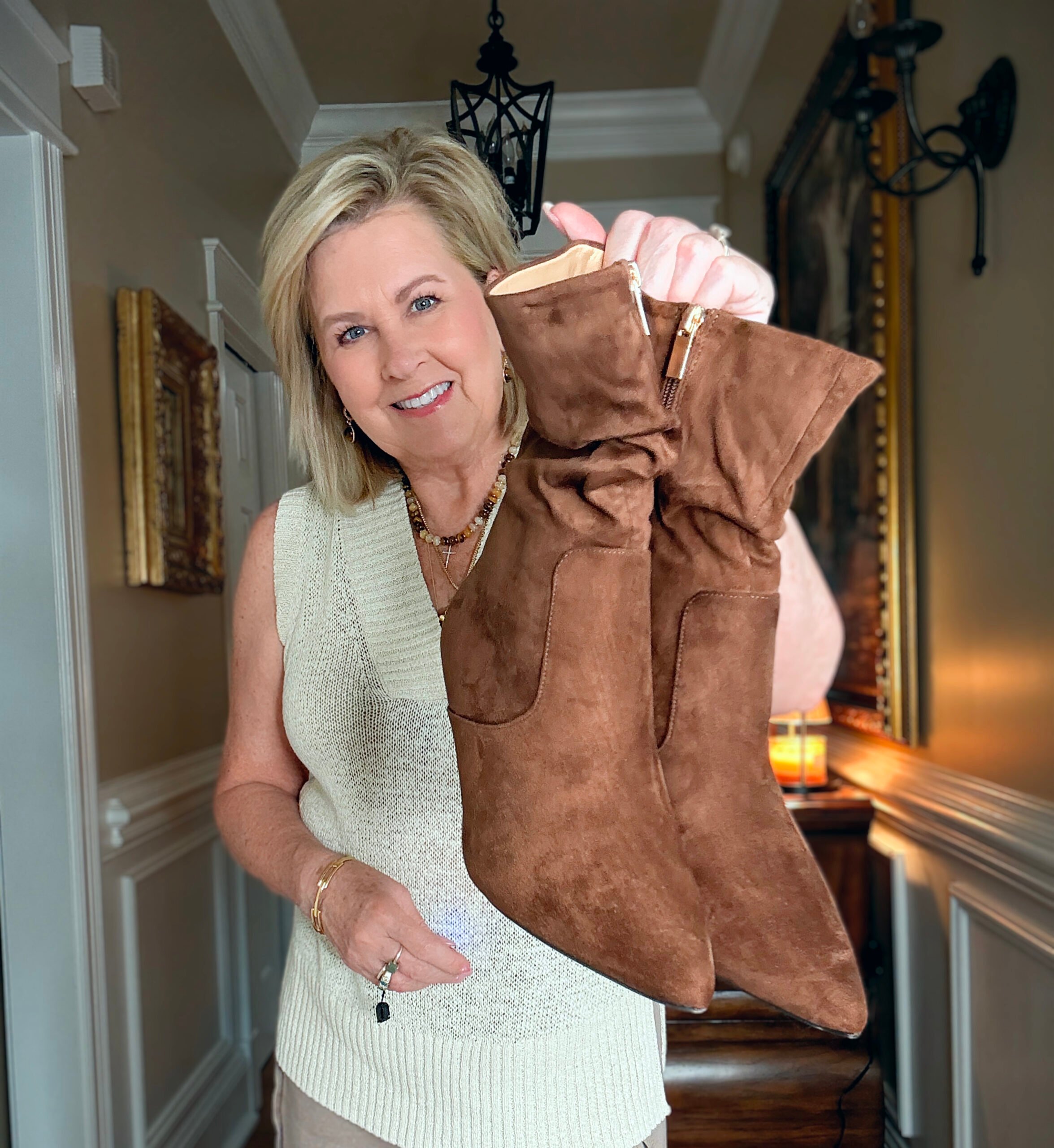 Tania is showing how to do a Summer to fall transition with jewelry and faux suede boots
