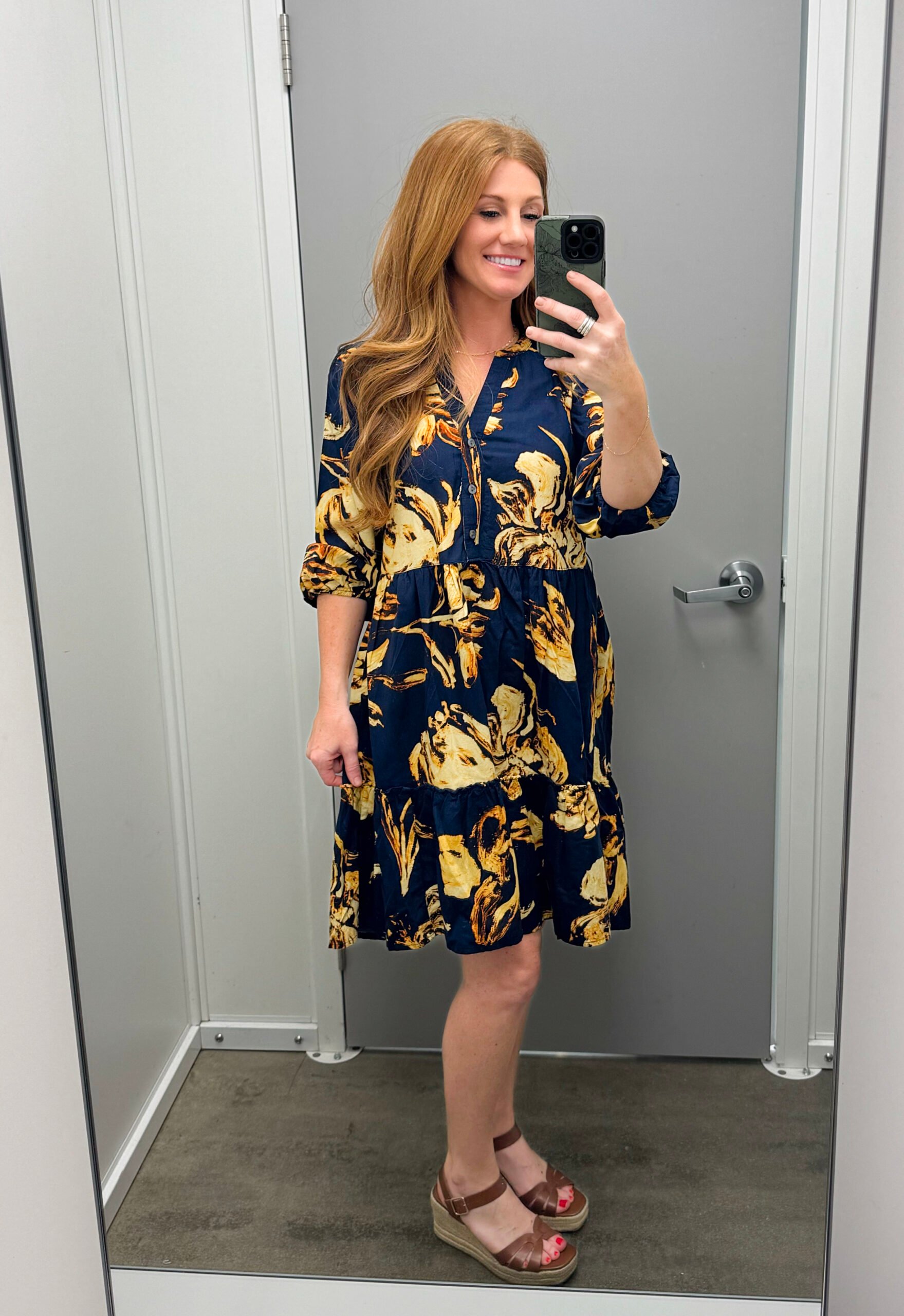 Stephanie, 5'3" petite, wearing a navy and gold dress from Walmart