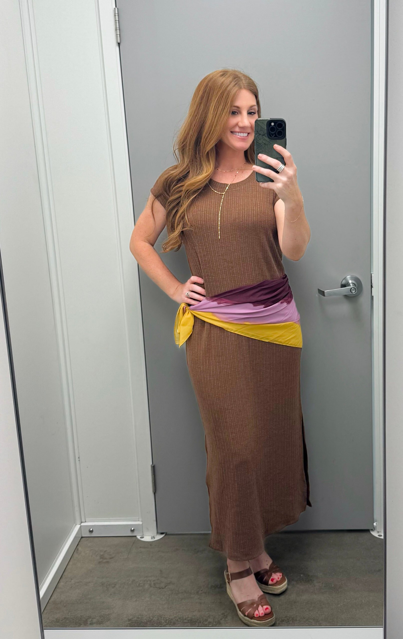 Stephanie, 5'3" petite, wearing a brown column dress from Walmart