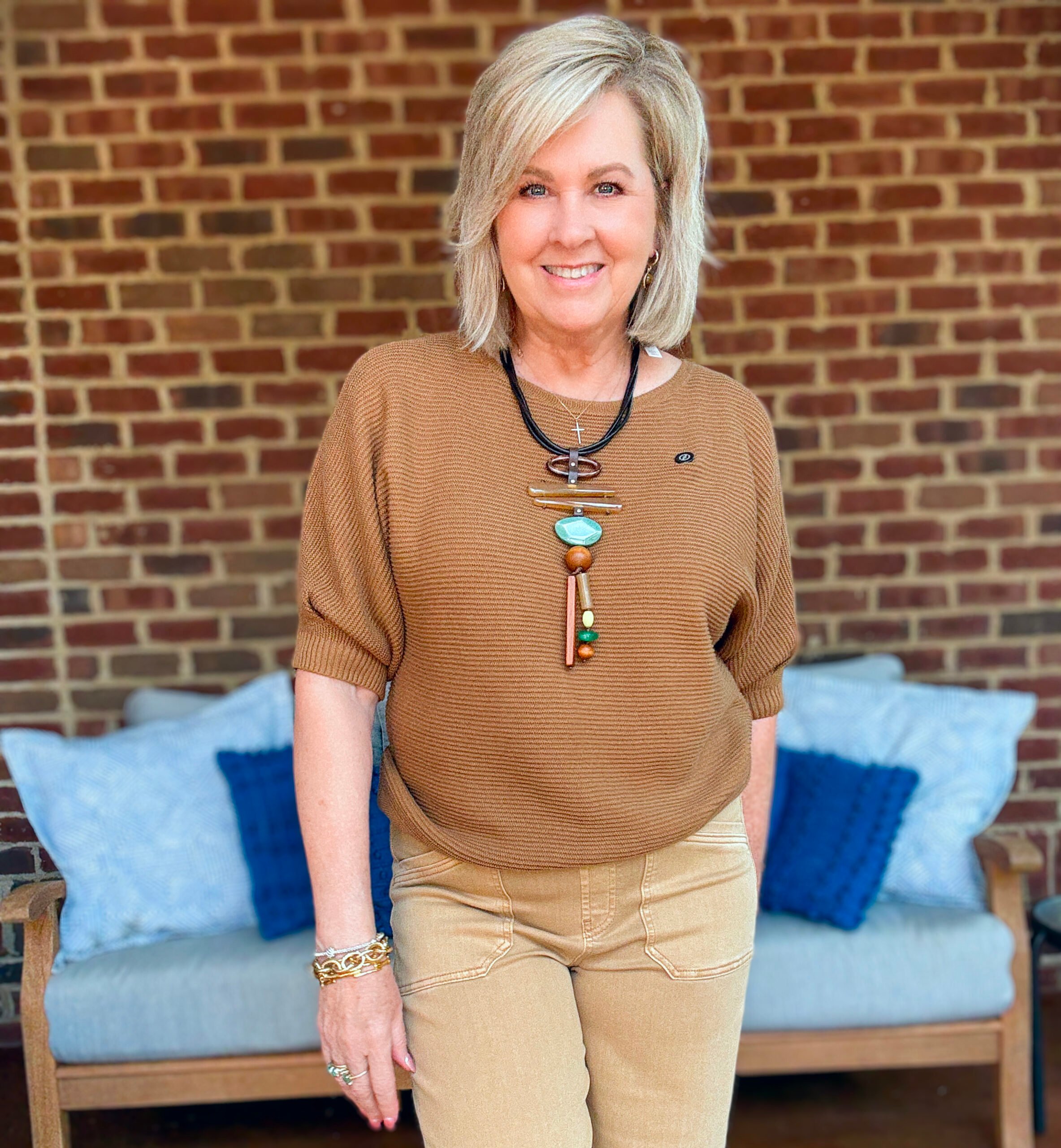 Tania Stephens wearing a brown ribbed sweater from Chico's